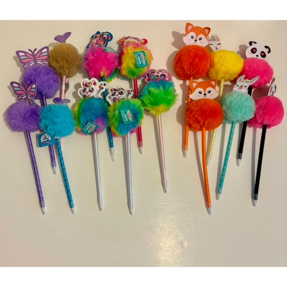 15pcs Assorted Cartoon characters Pom Pom Fluffy Ballpoint Pens